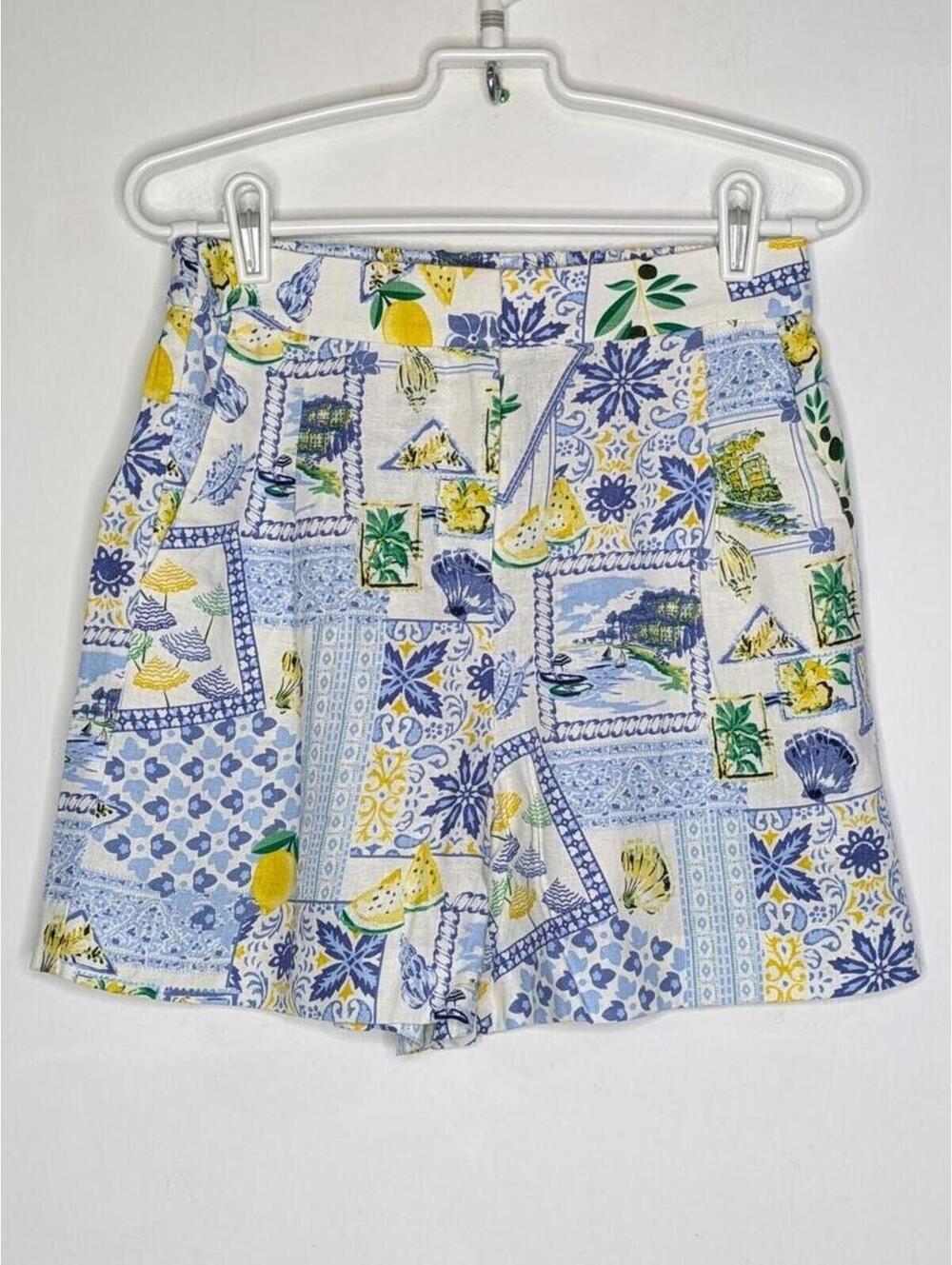 J Crew Factory White Blue Yellow Mixed Print Tropical Linen Blend Short 0